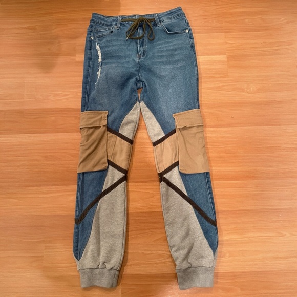 AKIRA Denim - AKIRA Blue and Tan Patchwork Hybrid Jeans Cargo Pockets Jogger Cuff Hem Large